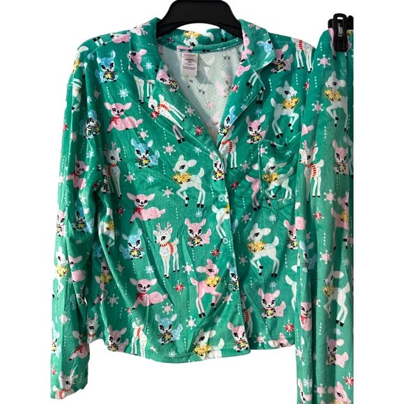 Holiday Time Pajama Set Women Christmas Green Mint Retro Reindeer Print PJ's NEW - Picture 2 of 8